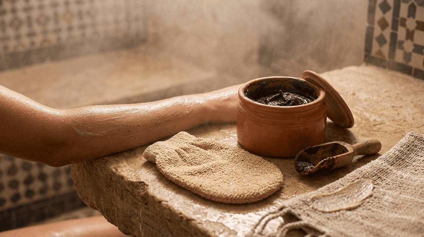 Gant kessa et savon noir marocain pour un gommage doux du corps