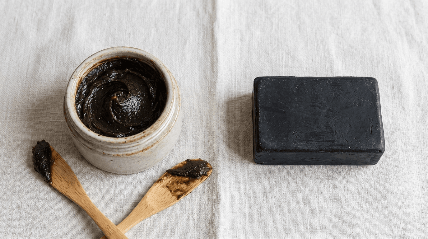 Pâte beldi marocaine comparée à un savon noir solide ouest-africain